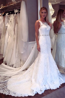 Elegant Lace Mermaid Sleeveless Wedding Dresses Open Back Crystall Bridal Dresses