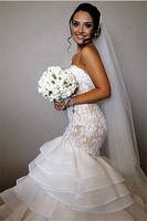 Elegant Lace Mermaid Wedding Dresses Tiered Open Back Strapless Wedding Gowns BA1540