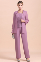 Elegant Lilac Lace Chiffon 3 Piece Mother of Bride Jumpsuit