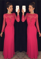 Elegant Long Sleeve Red Chiffon Prom Dress Lace Appliques Sequins AP0