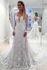 Elegant Long Sleeve Sheath Lace Wedding Dresses Sweep Train Open Back Bridal Gowns