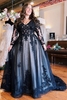 Elegant Long Sleeves A-line Black Wedding Dress with Lace Appliques V-Neck Long Bridal Dress with Front Slit