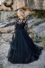 Elegant Long Sleeves Tulle Lace Black Wedding Dress with Appliques