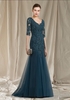 Elegant Long Sleeves V-Neck Tulle Long Mother of the Bride Dress Dark Green Wedding Guest Dress