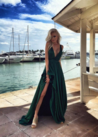 Elegant Long Split Green Prom Dresses V Neck Party Gown