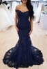 Elegant Mermaid Lace Dark Navy Prom Dresses Off-the-Shoulder Sleeveless Evening Gowns
