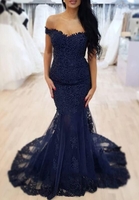 Elegant Mermaid Lace Dark Navy Prom Dresses Off-the-Shoulder Sleeveless Evening Gowns