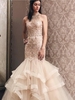 Elegant Mermaid Light Champagne Tulle High Neck Beading Prom Dress Evening Dress