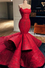 Elegant Mermaid Red Evening Gowns Ruffles Sexy Strapless Sleeveless Prom Dresses