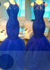 Elegant Mermaid Sleeveless Tulle Beads Royal Blue Appliques Evening Dresses