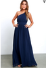 Elegant Navy Blue One Shoulder Prom Dresses Chiffon Long Floor Length BA3598