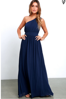 Elegant Navy Blue One Shoulder Prom Dresses Chiffon Long Floor Length BA3598
