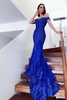 Elegant Off Shoulder Mermaid Evening Gown Tulle Lace Appliques Long Formal Dress
