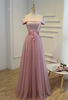 Elegant Off The Shoulder Custom Made A-line Lace-up Lace Appliques Prom Dresses