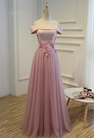 Elegant Off The Shoulder Custom Made A-line Lace-up Lace Appliques Prom Dresses