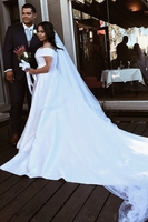 Elegant Off The Shoulder Satin Wedding Dresses A-line Bridal Gowns With Sweep Train