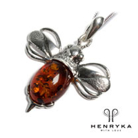 Large Bumble Bee Necklace in Silver and Cognac Amber