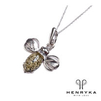 Miniature Bumble Bee Necklace in Silver and Green Amber