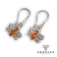 Tiny Honey Bee Drop Earrings in Silver and Cognac Amber