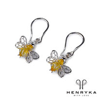 Tiny Honey Bee Drop Earrings in Silver and Yellow Amber