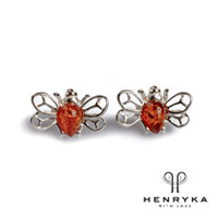 Tiny Honey Bee Stud Earrings in Silver and Cognac Amber