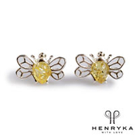 Tiny Honey Bee Stud Earrings in Silver and Yellow Amber