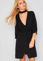 Abella Black Choker V Plunge With Tie Waist Crepe Dress