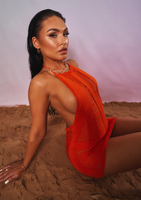 Adriana Orange Halter Neck Laddered Knit Dress