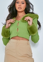 Ally Green Fur Trim Ribbed Knitted Cardigan