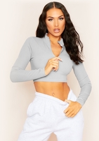 Amaka Light Grey Zip Up Long Sleeve Ribbed Crop Top