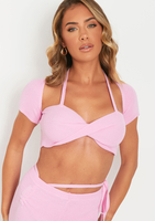 Anna Pink Twist Front Cap Sleeve Crop Top