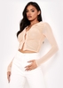 Arden Nude Mesh Ruched Collar Button Up Crop Top