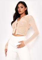 Arden Nude Mesh Ruched Collar Button Up Crop Top