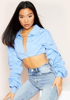 Aubrey Blue Ruched Sleeve Crop Shirt
