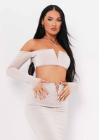 Aziza Sand Halterneck V Bar Cold Shoulder Crop Top