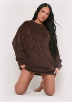 Bethany Chocolate Fluffy Borg V Back Jumper Dress