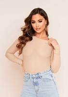 Camila Beige Ribbed Long Sleeve Bodysuit