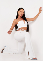 Carmella Ivory Tie Side Strap Detail Cut Out Flared Trousers