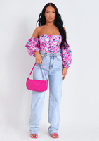 Cassie Pink Floral Print Puff Sleeve Bardot Top