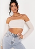 Claire Beige Soft Rib Bardot Long Sleeve Crop Top