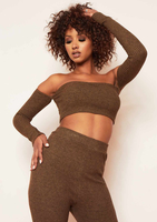 Claire Chocolate Soft Rib Bardot Long Sleeve Crop Top