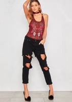 Cristen Wine Mesh Floral Embroidered Bodysuit