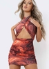 Dakota Orange Swirl Print Print Halterneck Cross Over Mini Dress
