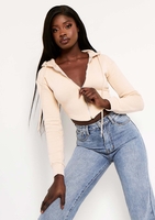 Daniella Beige Dip Hem Zip Up Cropped Hoodie