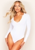 Dara White Ribbed Notch Collar Plunge Bodysuit