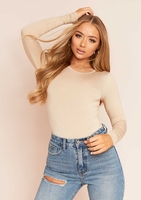 Elena Beige Basic Jersey Crew Neck Bodysuit