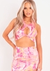 Emilia Pink Print High Neck Cut Out Crop Top