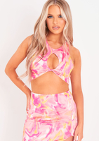 Emilia Pink Print High Neck Cut Out Crop Top