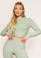 Emma Sage Brushed Rib Wrap Back Tie Waist Crop Top