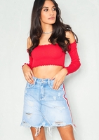 Gina Denim Distressed Sports Stripe Mini Skirt